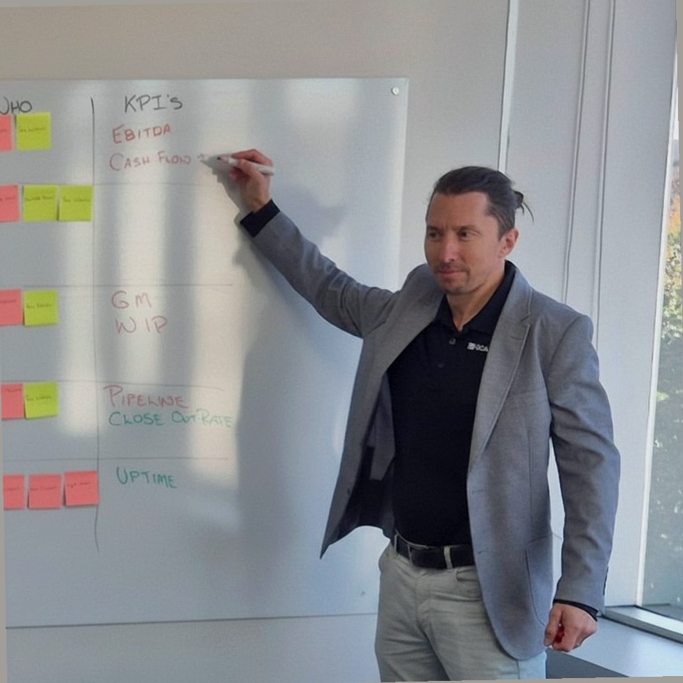 Ben Mak running a working session at the whiteboard, mapping KPIs and cadence