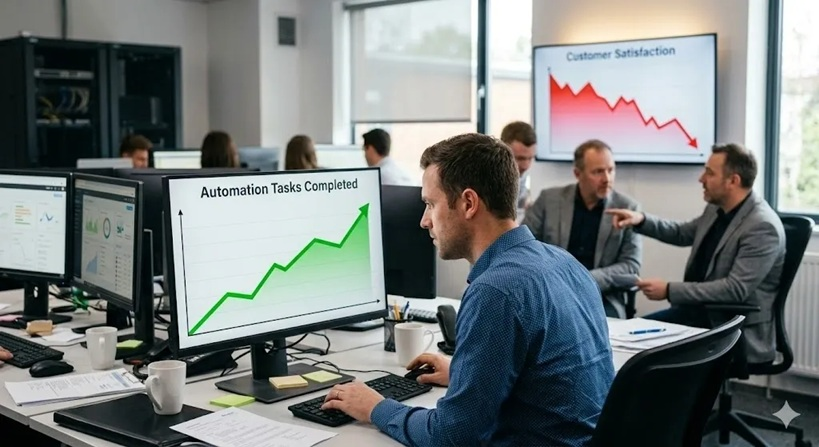 Automation tasks completed chart rising while customer satisfaction chart falls